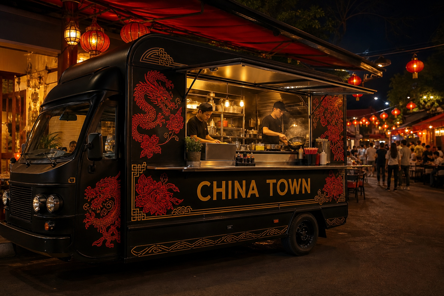China Town food truck at a lantern-lit night market